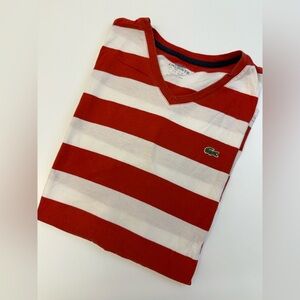 Lacoste Red and White V-Neck Striped Tee